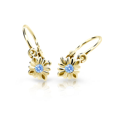 Dětské náušnice Danfil C2261 ze žlutého zlata s kamínkem Arctic Blue, zapínání brizura