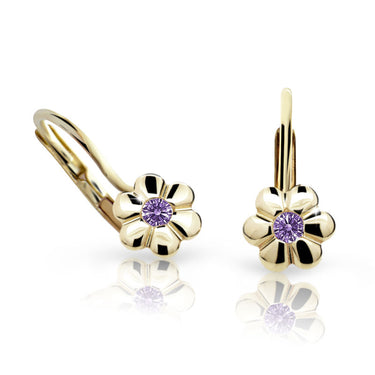 Dětské náušnice Danfil kytičky C1736 ze žlutého zlata s kamínkem Amethyst, zapínání klapka