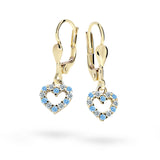 Dětské visací náušnice Danfil srdíčka C2157 ze žlutého zlata s kamínky Arctic Blue, zapínání klapka