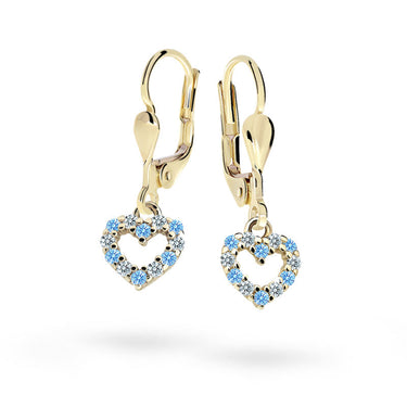 Dětské visací náušnice Danfil srdíčka C2157 ze žlutého zlata s kamínky Arctic Blue, zapínání klapka