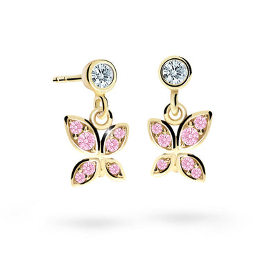 Dětské visací náušnice Danfil C2259 ze žlutého zlata s kamínky Pink, zapínání balónek