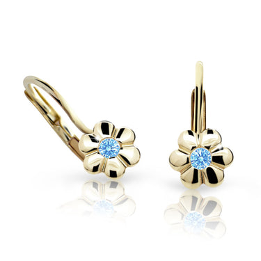Dětské náušnice Danfil kytičky C1736 ze žlutého zlata s kamínkem Arctic Blue, zapínání klapka