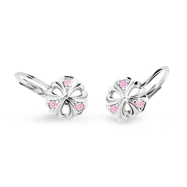 Dětské náušnice Danfil kytičky C2230 z bílého zlata s kamínky Pink, zapínání klapka