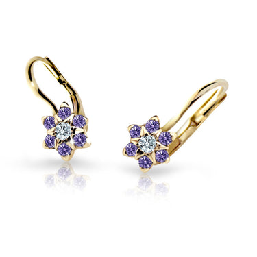 Dětské náušnice Danfil kytičky C2152 ze žlutého zlata s kamínky Amethyst, zapínání klapka