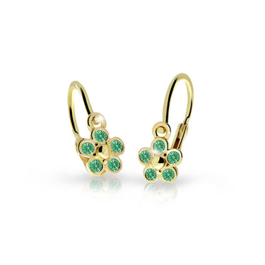 Dětské náušnice Danfil kytičky C2744 ze žlutého zlata s kamínky Emerald Green, zapínání brizura