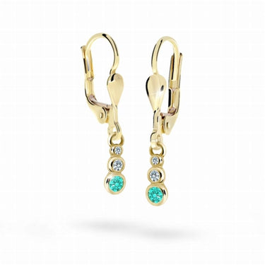 Dětské visací náušnice Danfil C2255 ze žlutého zlata s kamínky Mint Green, zapínání klapka