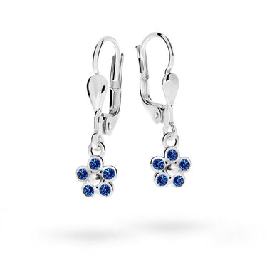 Dětské visací náušnice Danfil kytičky C2744 z bílého zlata s kamínky Dark Blue, zapínání klapka