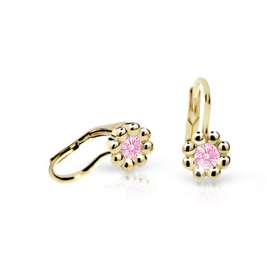 Dětské náušnice Danfil kytičky C2030 ze žlutého zlata s kamínkem Pink, zapínání klapka