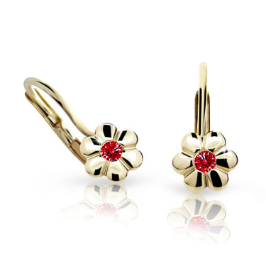 Dětské náušnice Danfil kytičky C1736 ze žlutého zlata s kamínkem Ruby Dark, zapínání klapka