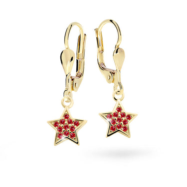 Dětské visací náušnice Danfil hvězdičky C2228 ze žlutého zlata s kamínky Ruby Dark, zapínání klapka