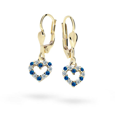 Dětské visací náušnice Danfil srdíčka C2157 ze žlutého zlata s kamínky Dark Blue, zapínání klapka