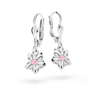 Dětské visací náušnice Danfil kytičky C2238 z bílého zlata s kamínkem Pink, zapínání klapka