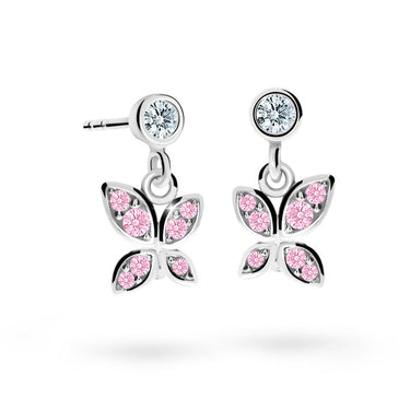 Dětské visací náušnice Danfil C2259 z bílého zlata s kamínky Pink, zapínání puzeta