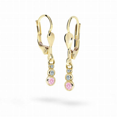 Dětské visací náušnice Danfil C2255 ze žlutého zlata s kamínky Pink, zapínání klapka