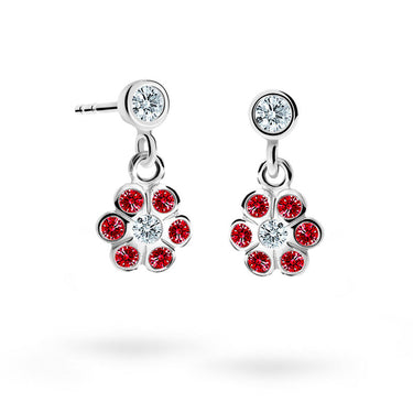 Dětské visací náušnice Danfil kytičky C1737 z bílého zlata s kamínky Ruby Dark, zapínání balónek