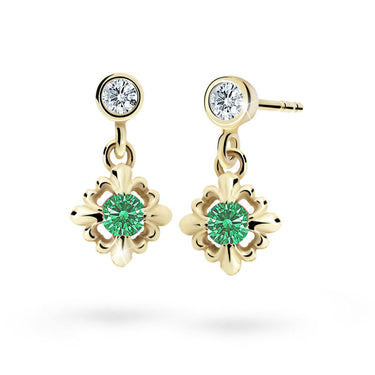 Dětské visací náušnice Danfil C2212 ze žlutého zlata s kamínkem Emerald Green, zapínání balónek
