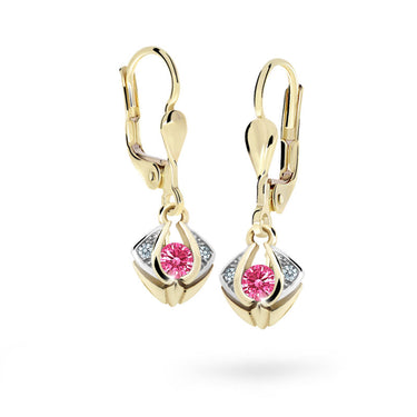 Dětské visací náušnice Danfil C2217 ze žlutého zlata s kamínkem Tcf Red, zapínání klapka