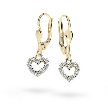 Dětské visací náušnice Danfil srdíčka C2157 ze žlutého zlata s kamínky White, zapínání klapka