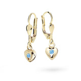 Dětské visací náušnice Danfil srdíčka C1556 ze žlutého zlata s kamínkem Arctic Blue, zapínání klapka