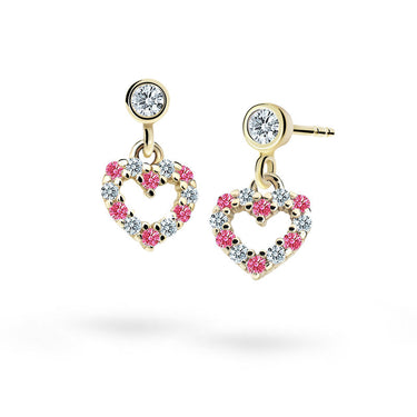 Dětské visací náušnice Danfil srdíčka C2157 ze žlutého zlata s kamínky Tcf Red, zapínání balónek