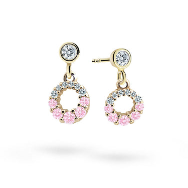 Dětské visací náušnice Danfil C2154 ze žlutého zlata s kamínky Pink, zapínání balónek