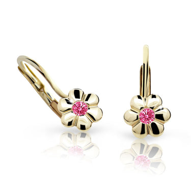 Dětské náušnice Danfil kytičky C1736 ze žlutého zlata s kamínkem Tcf Red, zapínání klapka