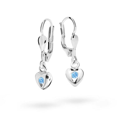 Dětské visací náušnice Danfil srdíčka C1556 z bílého zlata s kamínkem Arctic Blue, zapínání klapka