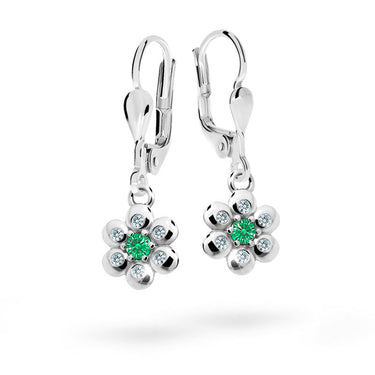 Dětské visací náušnice Danfil kytičky C2247 z bílého zlata s kamínkem Emerald Green, zapínání klapka