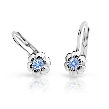 Dětské náušnice Danfil kytičky C2151 z bílého zlata s kamínkem Arctic Blue, zapínání klapka