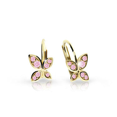 Dětské náušnice Danfil C2259 ze žlutého zlata s kamínky Pink, zapínání klapka
