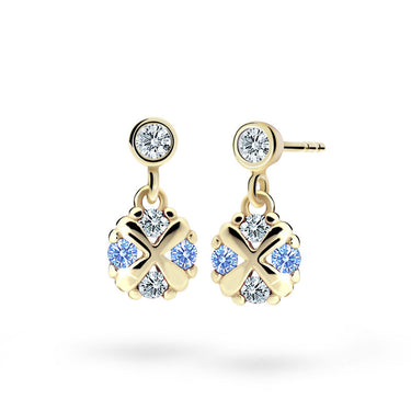 Dětské visací náušnice Danfil C2153 ze žlutého zlata s kamínky Arctic Blue, zapínání balónek