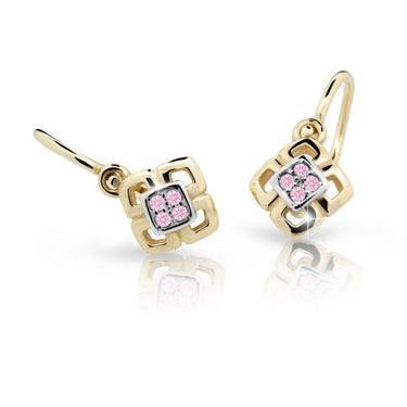 Dětské náušnice Danfil C2240 ze žlutého zlata s kamínky Pink, zapínání brizura