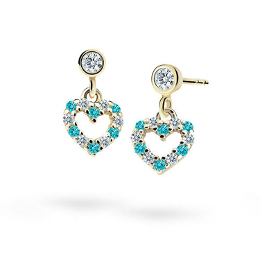 Dětské visací náušnice Danfil srdíčka C2157 ze žlutého zlata s kamínky Mint Green, zapínání balónek