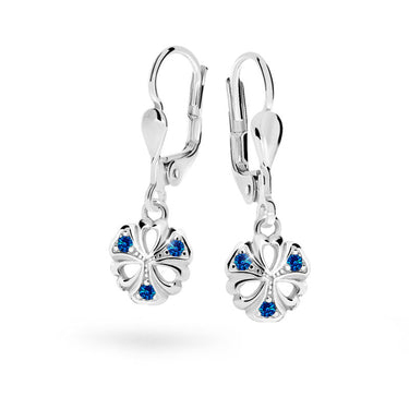 Dětské visací náušnice Danfil kytičky C2230 z bílého zlata s kamínky Dark Blue, zapínání klapka
