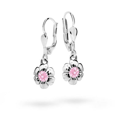 Dětské visací náušnice Danfil kytičky C2151 z bílého zlata s kamínkem Pink, zapínání klapka