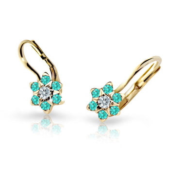 Dětské náušnice Danfil kytičky C2152 ze žlutého zlata s kamínky Mint Green, zapínání klapka