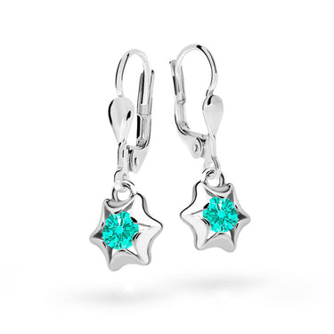 Dětské visací náušnice Danfil hvězdičky C2159 z bílého zlata s kamínkem Mint Green, zapínání klapka