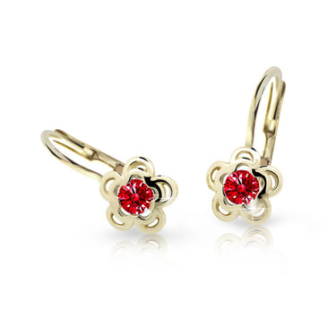 Dětské náušnice Danfil kytičky C2204 ze žlutého zlata s kamínkem Ruby Dark, zapínání klapka