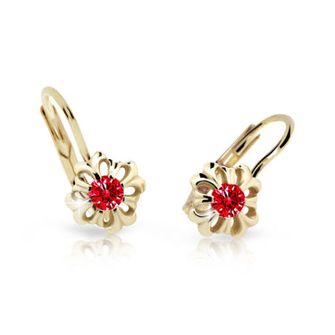 Dětské náušnice Danfil kytičky C2208 ze žlutého zlata s kamínkem Ruby Dark, zapínání klapka