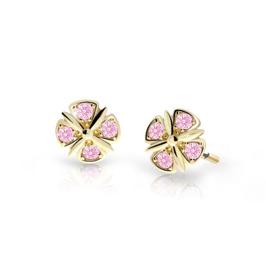 Dětské náušnice Danfil C2245 ze žlutého zlata s kamínky Pink, zapínání balónek