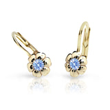 Dětské náušnice Danfil kytičky C2151 ze žlutého zlata s kamínkem Arctic Blue, zapínání klapka
