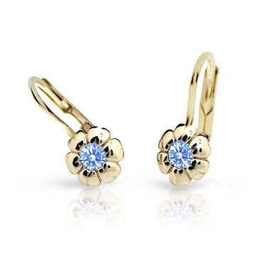 Dětské náušnice Danfil kytičky C2151 ze žlutého zlata s kamínkem Arctic Blue, zapínání klapka