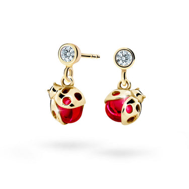 Dětské visací náušnice Danfil berušky C2008 ze žlutého zlata s kamínkem Ruby Dark, zapínání balónek