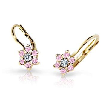 Dětské náušnice Danfil kytičky C2152 ze žlutého zlata s kamínky Pink, zapínání klapka