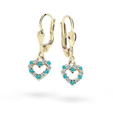 Dětské visací náušnice Danfil srdíčka C2157 ze žlutého zlata s kamínky Mint Green, zapínání klapka
