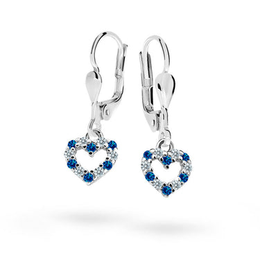 Dětské visací náušnice Danfil srdíčka C2157 z bílého zlata s kamínky Dark Blue, zapínání klapka
