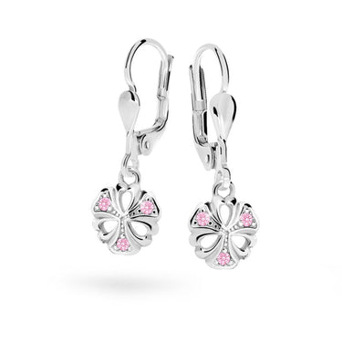 Dětské visací náušnice Danfil kytičky C2230 z bílého zlata s kamínky Pink, zapínání klapka