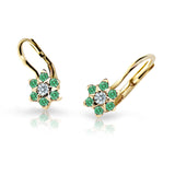 Dětské náušnice Danfil kytičky C2152 ze žlutého zlata s kamínky Emerald Green, zapínání klapka