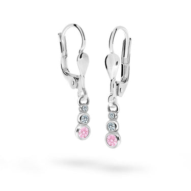 Dětské visací náušnice Danfil C2255 z bílého zlata s kamínky Pink, zapínání klapka