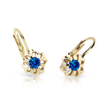 Dětské náušnice Danfil kytičky C2208 ze žlutého zlata s kamínkem Dark Blue, zapínání klapka